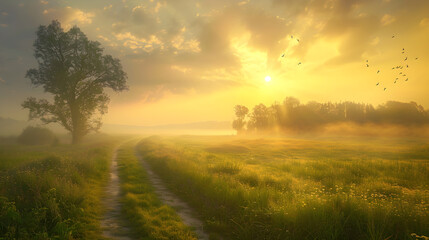 Obraz premium Serene Morning Landscape with Golden Sun Rays and Misty Atmosphere, Inviting Reflection and Tranquility