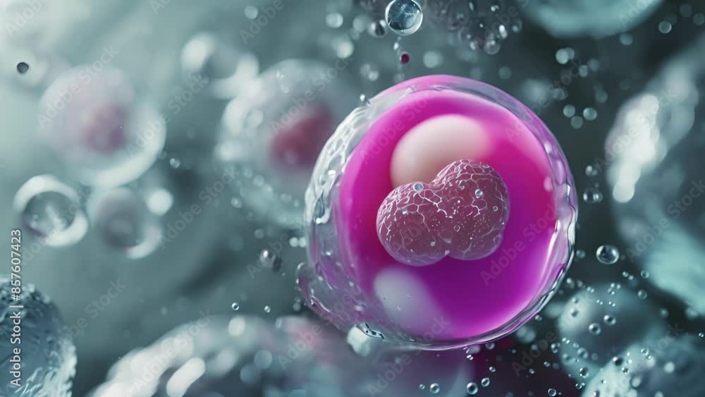 Poster a closeup view of a single somatic cell undergoing the process of nuclear transfer in the creation o