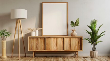 Empty living room interior with white lamp poster plants wooden cabinet Real photo space for furniture