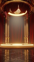A 3D rendering of a stage with golden pillars and a circular platform