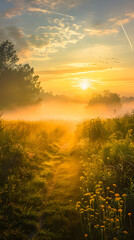 Fototapeta premium Serene Morning Landscape with Golden Sun Rays and Misty Atmosphere, Inviting Reflection and Tranquility
