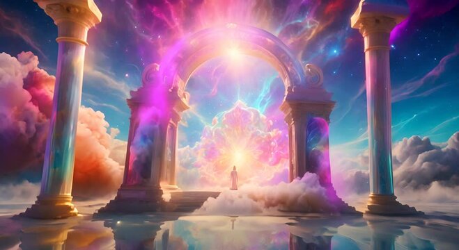 Fantasy cosmic landscape with portal, clouds and energy of different colors