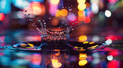 Water droplet impact on glass, detailed close-up, neon city lights reflecting vibrant colors.