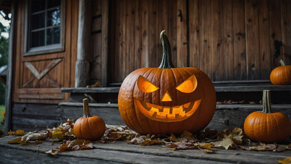 Obraz premium Imange pumpkin with carved eyes and mouth in front of the house door 5