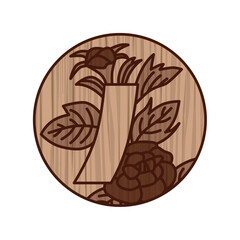 木彫り風円形シンプル花札　水無月　牡丹　青短　6月　牡丹に青短