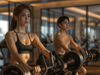 Fototapeta premium Fitness Enthusiasts Working Out at a Modern Gym with Advanced Equipment and Focused Determination for a Healthy Lifestyle and Physical Wellness Emphasizing Strength and Cardio Training Sessions
