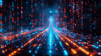 Digital Technology Background with Blue and Orange Lights, Glowing Data Lines, Futuristic Design for Tech Concept Banners and Digital Future World Showcasing Data Transfer and Internet Concepts