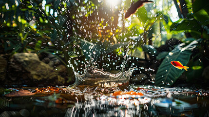 Tropical water splash, colorful fish, exotic plants in background, bright sunlight, vivid reflections.