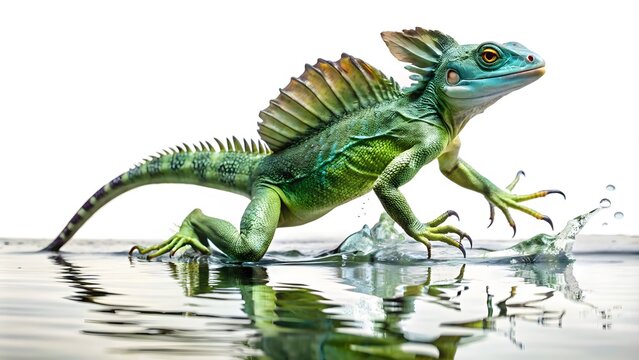 A Bright Green Basilisk Lizard Runs Across The Water'S Surface, Its Sharp Claws Creating A Spray Of Droplets.