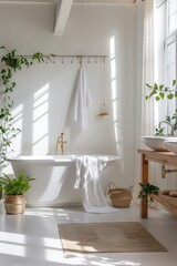 A bright and airy bathroom with white walls, light wood accents, a freestanding bathtub