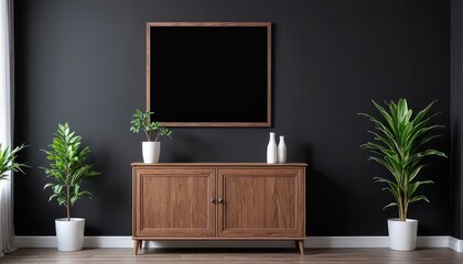 Wall art mockups. Frames for art on a black wall. Gallery in dark colors. 