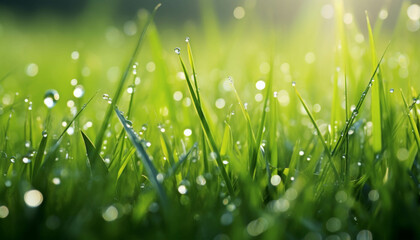 Morning Dew on Fresh Green Grass Blades with Sunlight