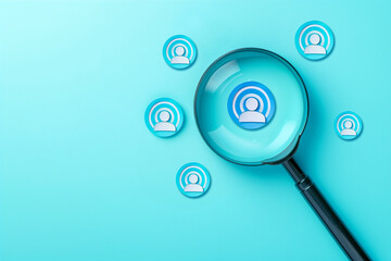 Headhunting recruitment concept with magnifying glass and person's icon on light cyan background. Generative AI