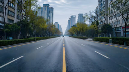 Empty asphalt road through Hangzhou business district