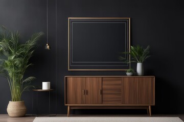 Wall art mockups. Frames for art on a black wall. Gallery in dark colors. 