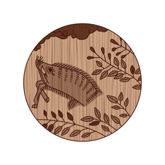 木彫り風円形花札　文月　萩　猪　7月　萩に猪