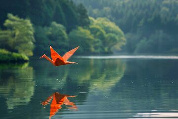 An origami bird in mid-flight over a tranquil lake, showcasing creativity and the elegance of simple, transformative ideas 