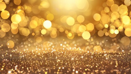 A beautiful Golden Bokeh Background created with a Sparkling Glitter Effect, ideal for festive and celebratory occasions, radiating glamour and luxury with its dazzling appearance