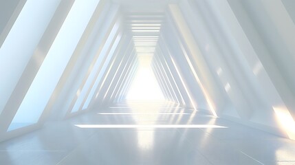 Obraz premium 5. Develop a digital illustration of an expansive and serene long light corridor with a minimalist white backdrop, complemented by a futuristic sci-fi triangle tunnel in a 3D rendering. Craft a
