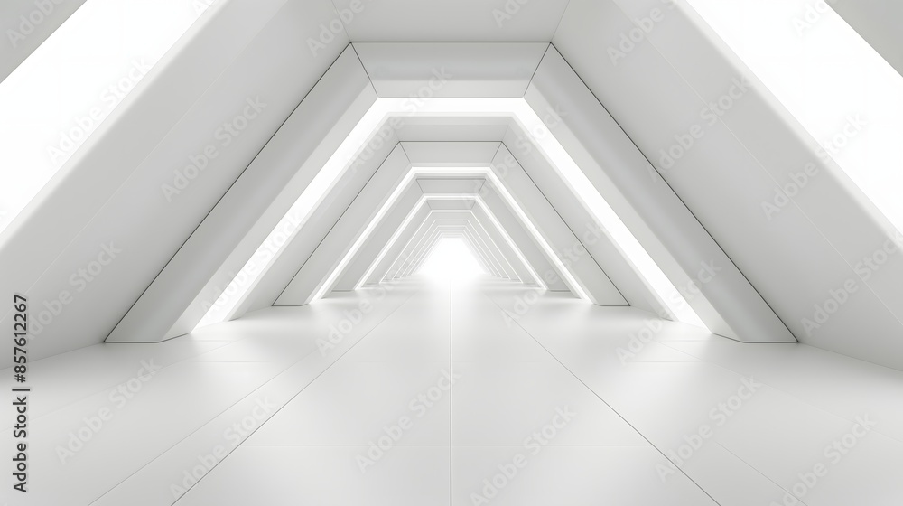 Poster 4. produce an artistic depiction of an empty long light corridor against a modern white background, 