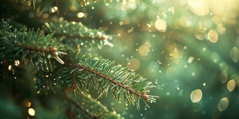 The pine needles, bathed in sunlight, showcase natures beauty with their intricate details and glistening allure in a serene and vibrant setting, capturing the essence of the flora around