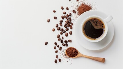 Fototapeta premium Coffee Cup, Beans, and Ground Coffee on White Background