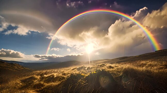 a rainbow in the sky over a grassy field