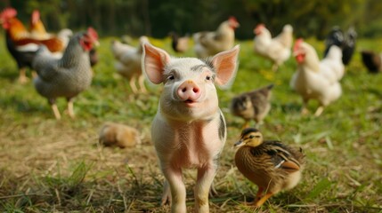 Piglet stands in farmyard with chickens and ducks