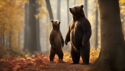 Brown bear standing next to a white one in a forest with trees, during the fall season as evident from the colored leaves around them.