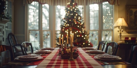 A festive Christmas dinner table is beautifully decorated with a tree. Its set for a cozy and elegant celebration with family and loved ones, creating a warm and inviting atmosphere