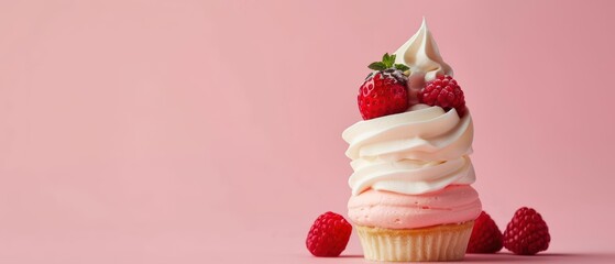 Delicious Dessert, Raspberry Cupcake On Pink Background