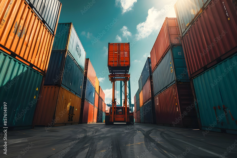 Poster a forklift moves a shipping container in a crowded shipping yard. the containers are stacked high an