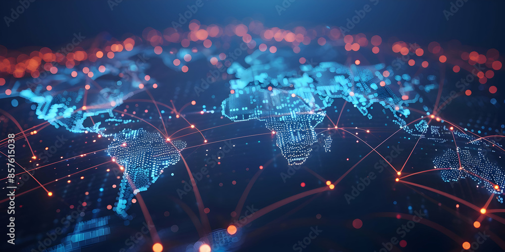 Poster abstract world map with glowing lines and dots, representing global connectivity.