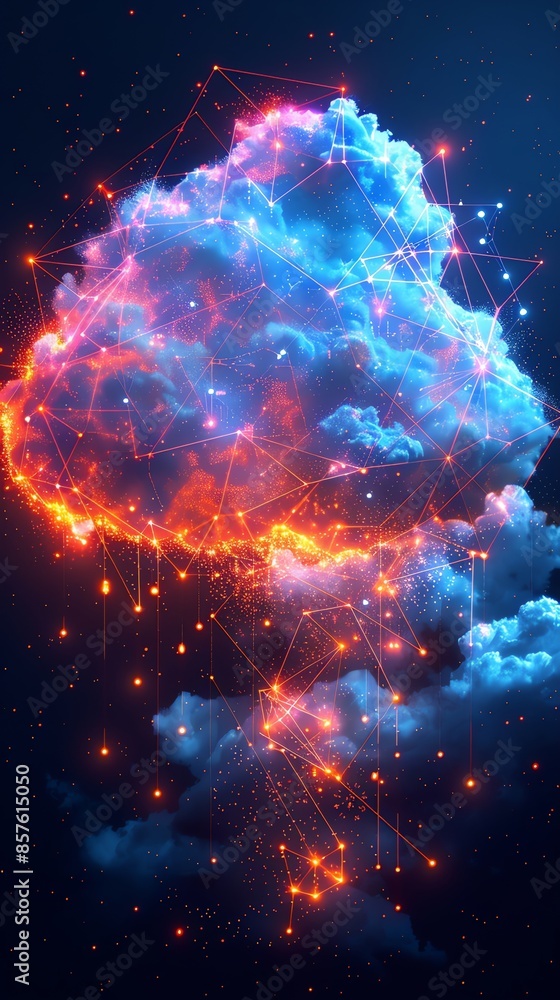 Poster futuristic digital cloud with glowing particles and network connections representing technology, dat