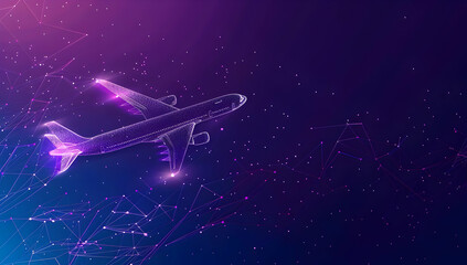 Abstract illustration of an airplane in flight against a glowing purple and blue background.