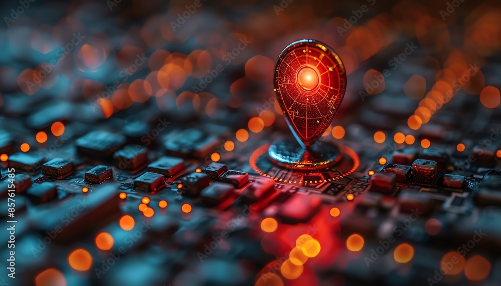 Poster futuristic representation of a digital map with a glowing red location pin on a circuit board backgr