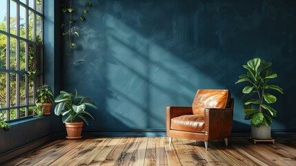 classic modern interior design illustration on a gray background with brown lounge chairs and plants 4 AI Generative