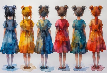 Naklejka premium The backside view of two 2D watercolor cartoon girls, their playful charm captured in the strokes of the painting.