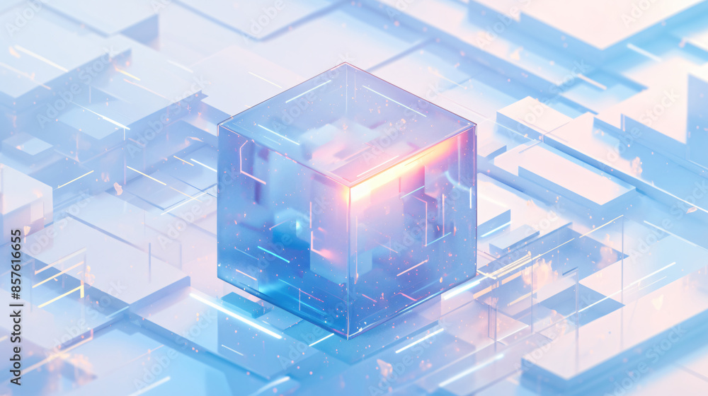 Poster abstract geometric cube with glowing light on a white background with copy space text for technology
