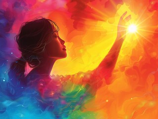 A young woman reaching for the light of the sun in an abstract colorful illustration. 