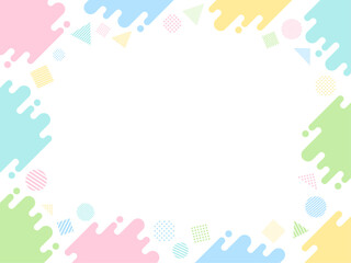 カラフルな右上がりの波状のラインと幾何学模様の丸三角四角のフレーム