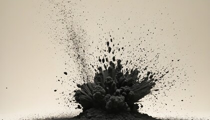 Black charcoal powder dust paint white explosion explode burst isolated splatter abstract. Powder charcoal background black smoke particles explosive carbon pattern coal makeup dark splash bomb piece