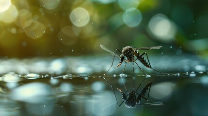 Naklejka premium A mosquito rests on the surface of a still body of water