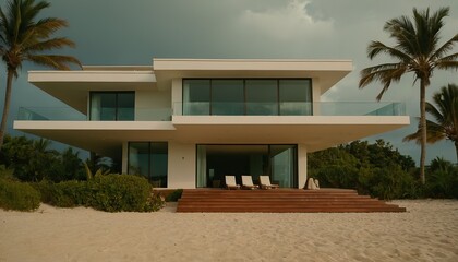 Fototapeta premium Modern beach villa struck by lightning, storm, thunder, danger, beach house, villa, architecture, modern,