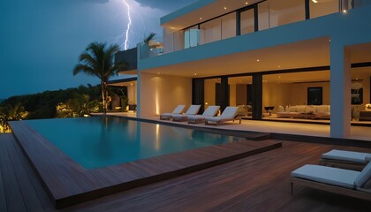 Fototapeta premium Modern beach villa struck by lightning, storm, thunder, danger, beach house, villa, architecture, modern,