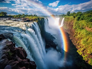 Fototapeta premium The stunning waterfalls of Iguazu Falls, straddling the border between Brazil and Argentina, with rainbows forming in the mist. 