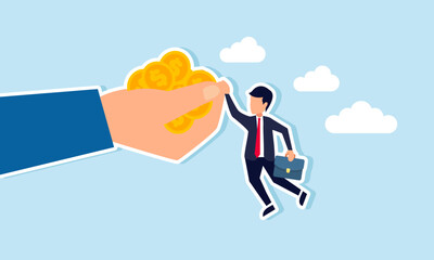  High risk high return metaphor, concept of A businessman investor tightly grips a big handful of money coins