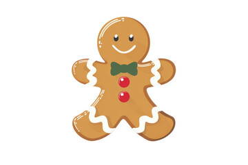 Obraz premium Cute gingerbread man cookie with icing, red buttons, and a green bow tie, perfect for holiday decorations and festive baking themes. Isolated on transparent background.