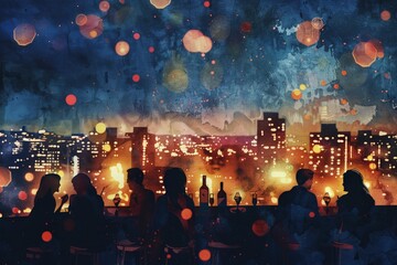 A group of people are sitting on a balcony overlooking a city at night. The scene is filled with bright lights and a sense of excitement