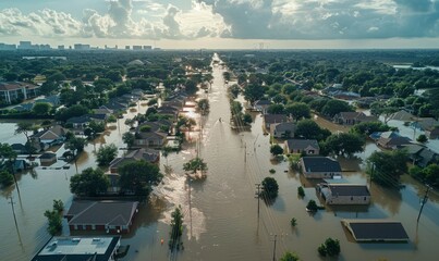 A flooded urban area with streets submerged under water, depicting the increasing frequency and severity of flooding events